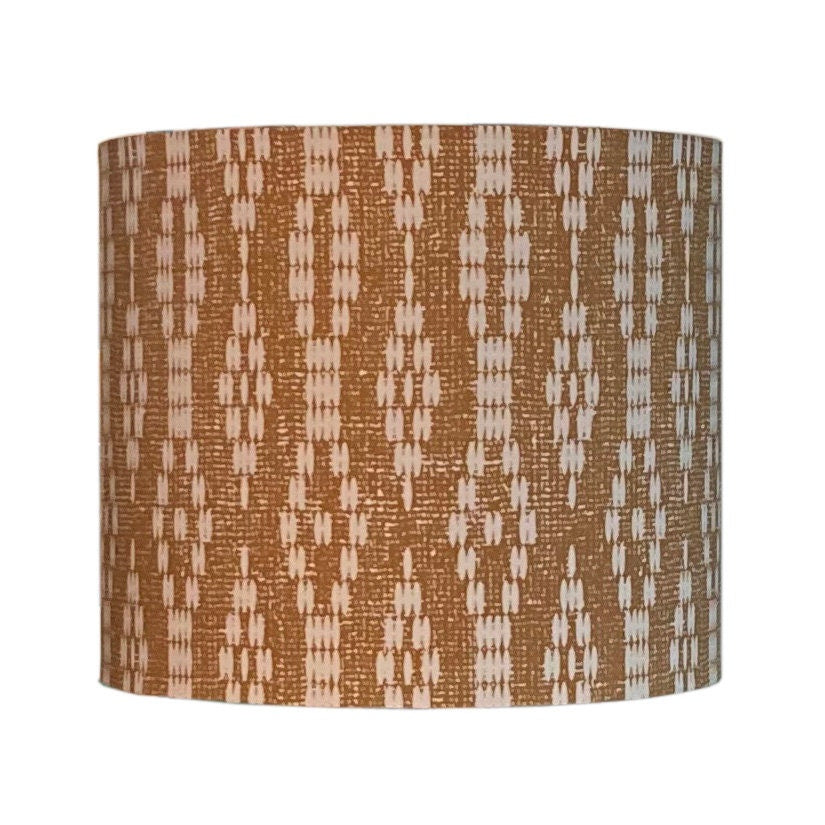 drum shade, lampshade, lamp shade, rust and white beaded design, Bohemian, farmhouse