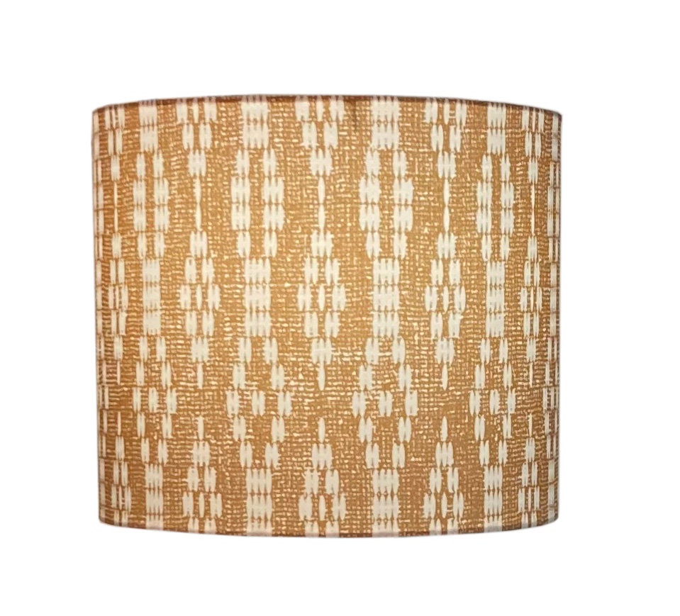 drum shade, lampshade, lamp shade, rust and white beaded design, Bohemian, farmhouse