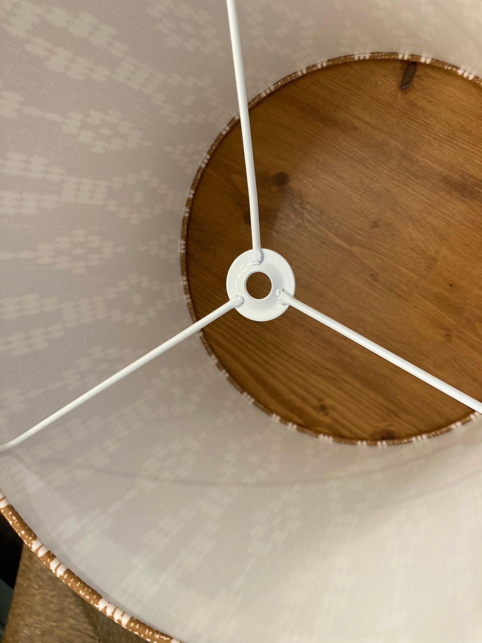 drum shade, lampshade, lamp shade, rust and white beaded design, Bohemian, farmhouse