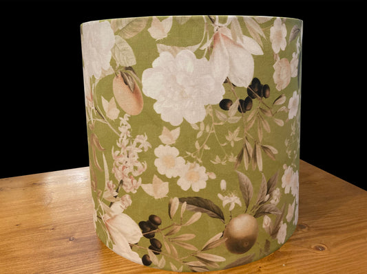 Floral Drum Lampshade, Rustic Green Fabric, White Flowers and Fruit