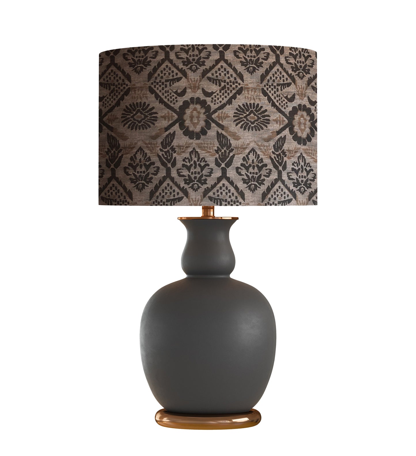 Floral Drum Lampshade, Gray Brown Black Mustard Gold Fabric