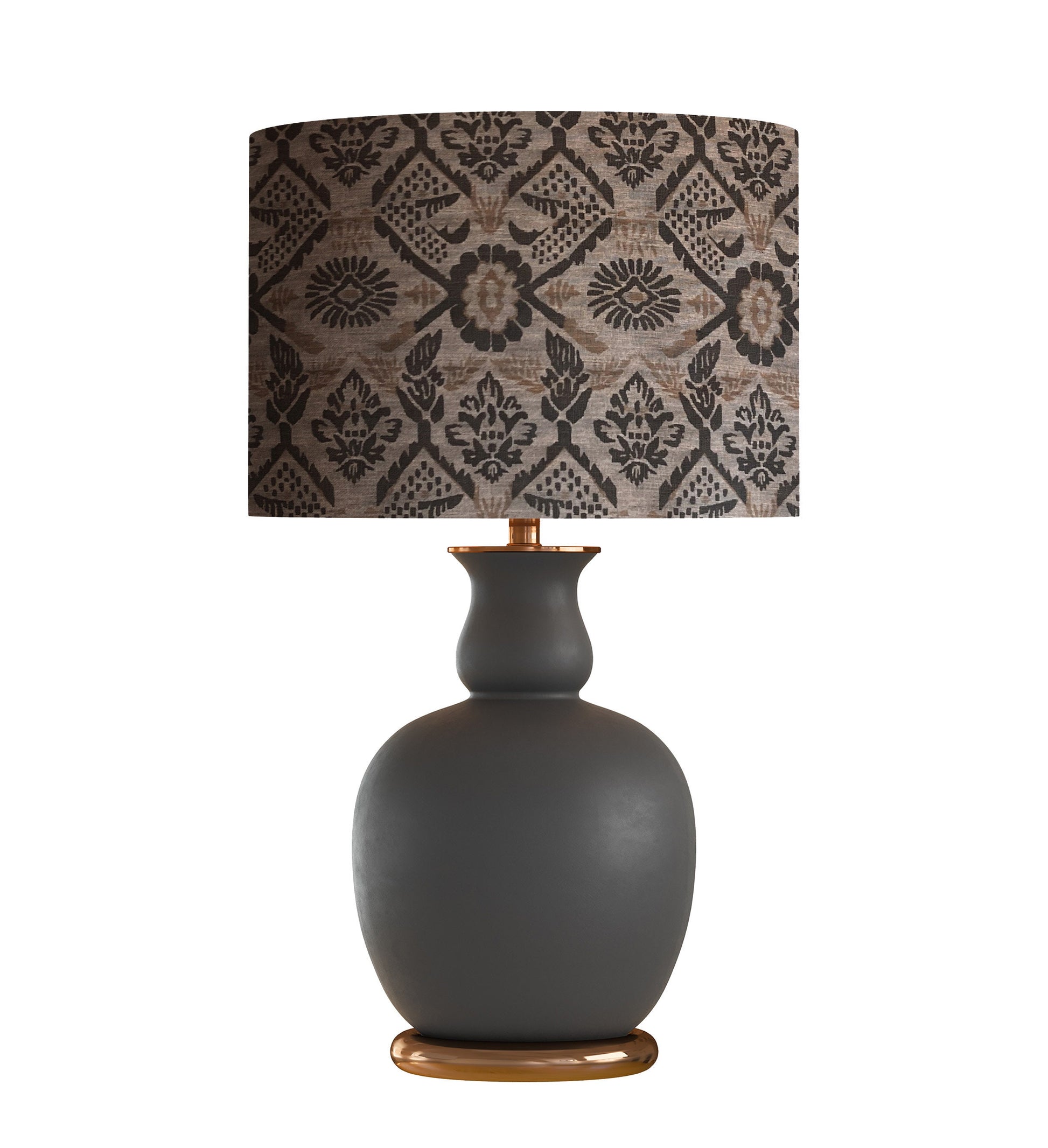 Floral Drum Lampshade, Gray Brown Black Mustard Gold Fabric