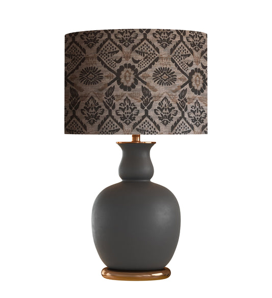 Floral Drum Lampshade, Gray Brown Black Mustard Gold Fabric