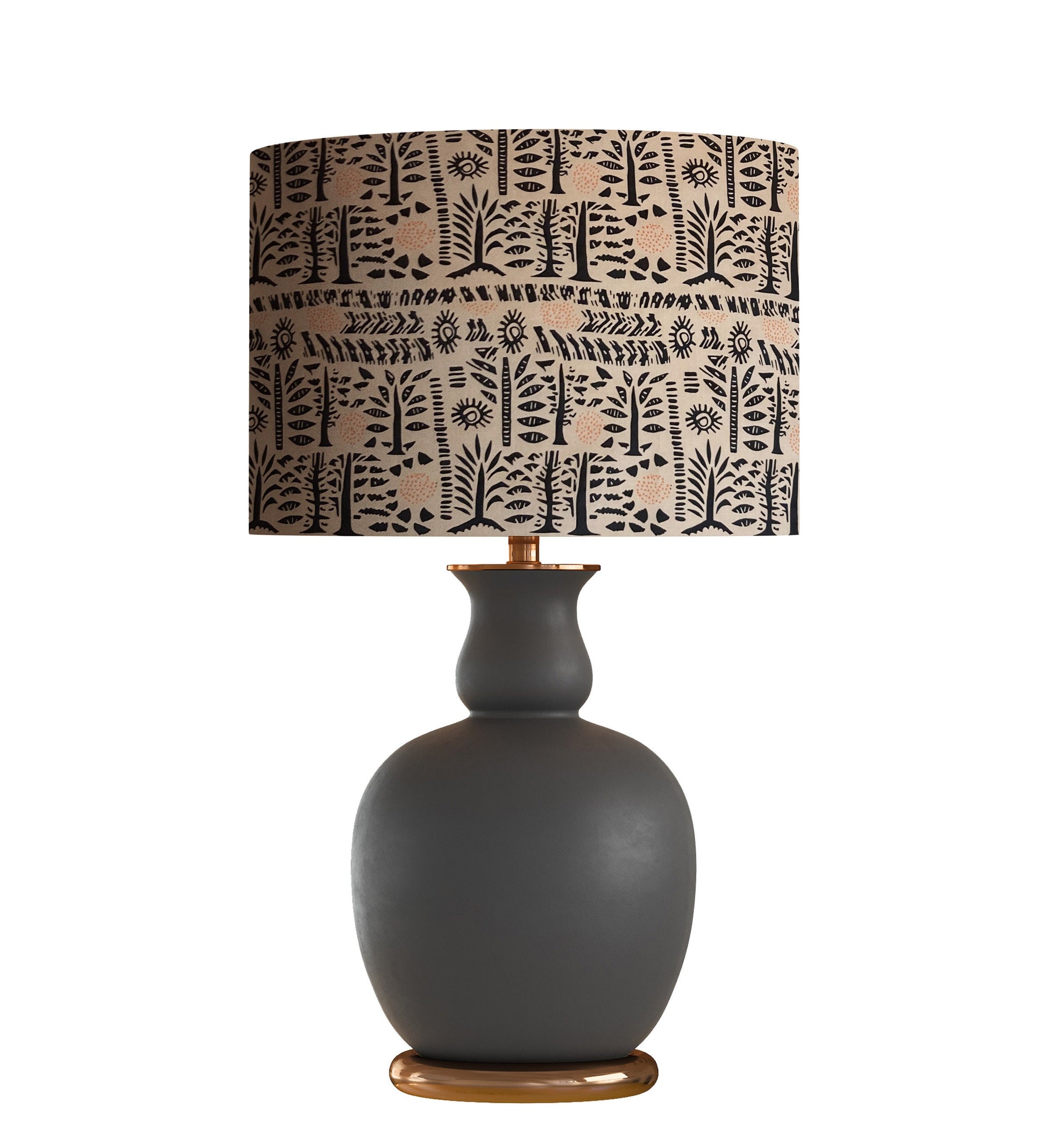 Carolyn Boho Drum Lampshade, Beige and Black Tree Sun Design