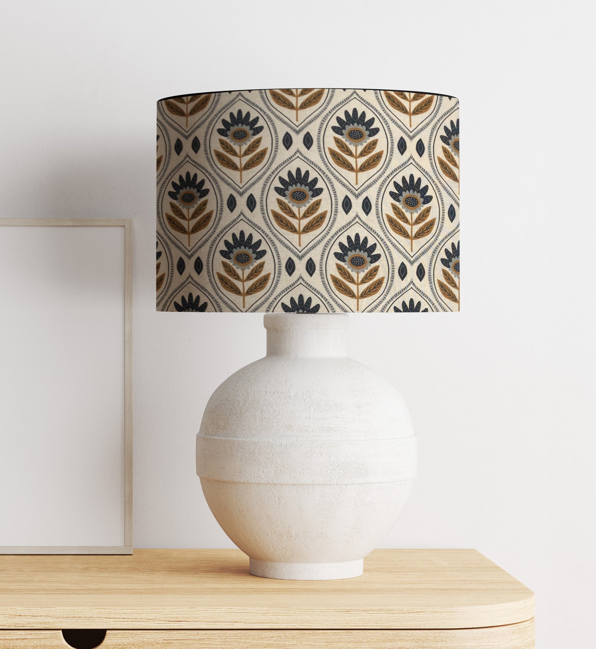 Floral Folk Art Drum Lampshade, Cream, Blue & Brown