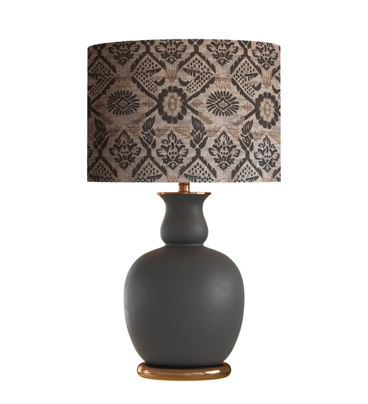 Floral Drum Lampshade, Gray Brown Black Mustard Gold Fabric