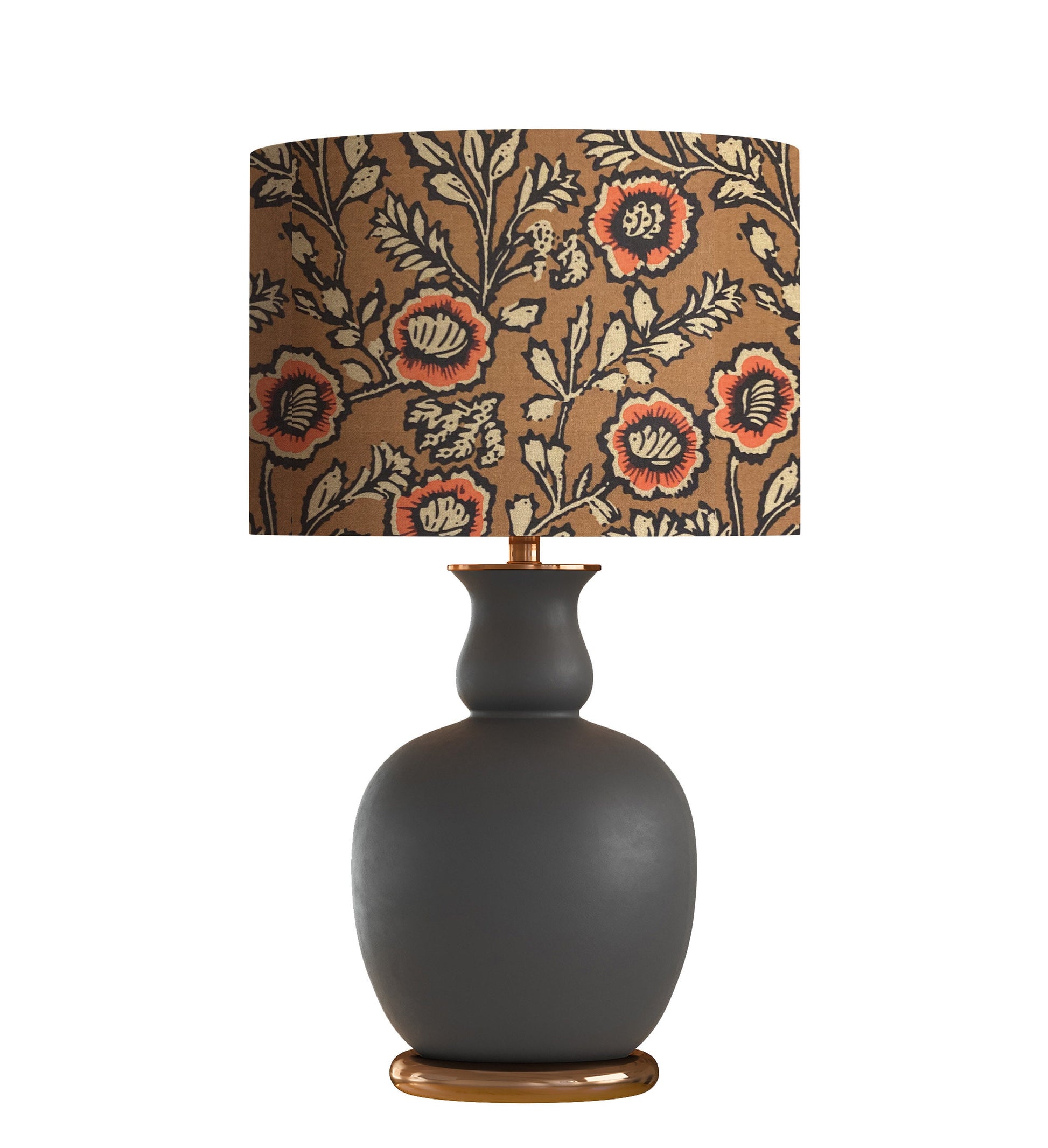 Floral block print drum lampshade, mustard fabric