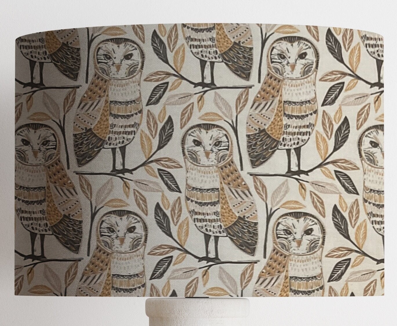 Barn Owl Drum Lampshade, Brown, White & Gold Home Decor
