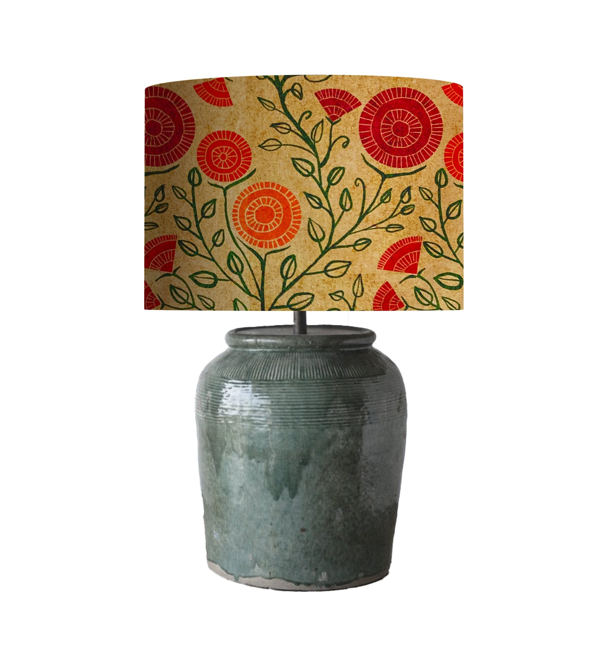 Modern Floral Drum Lampshade, Orange & Green Foliage, Gold Texture