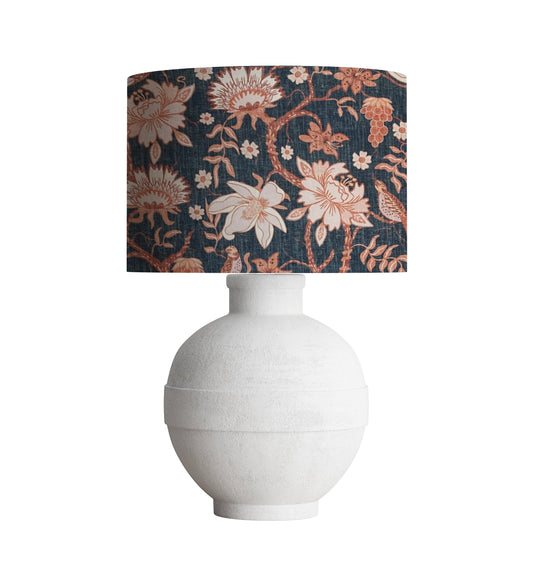 drum shade, lampshade, lamp shade, home decor, beautiful Southern floral, birds chintz, textured teal and coral,