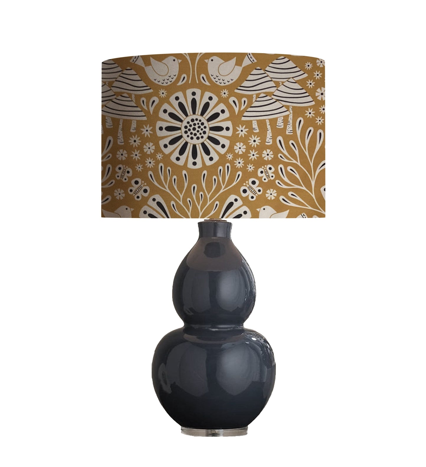 lampshade, lamp, shade, drum, mustard, navy birds, flowers, woodland mushrooms, botanical, farmhouse, folkart