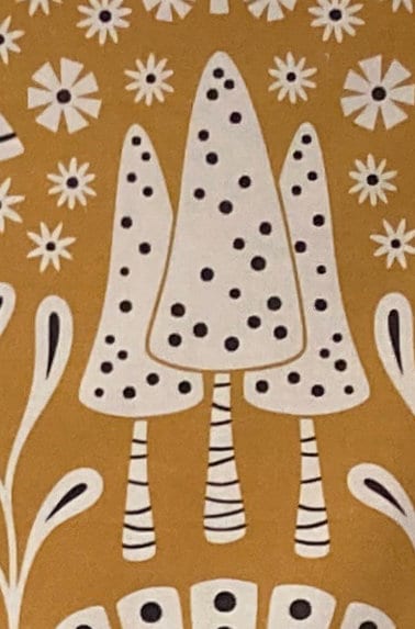lampshade, lamp, shade, drum, mustard, navy birds, flowers, woodland mushrooms, botanical, farmhouse, folkart