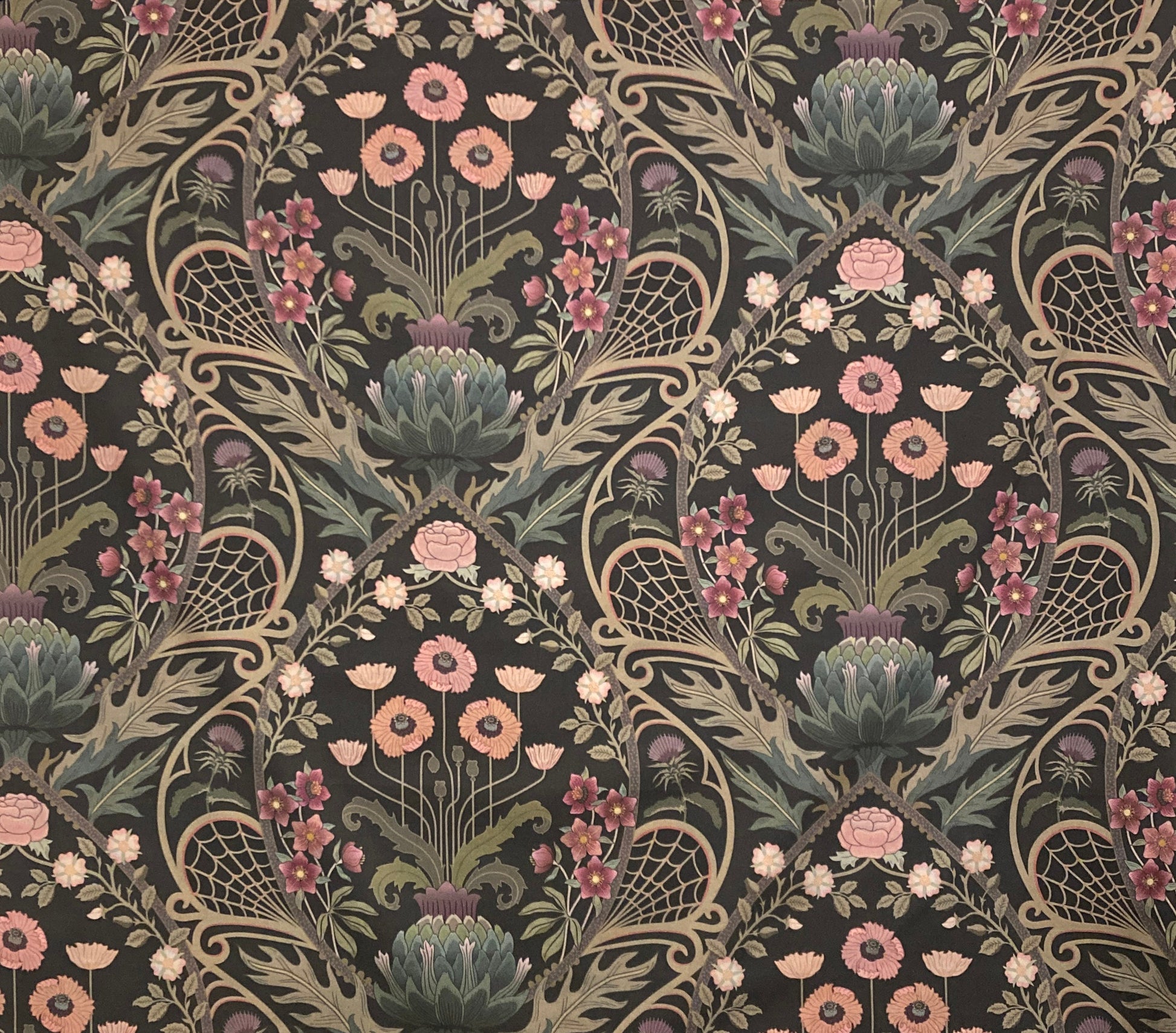 Art Nouveau Floral Drum Lampshade, Dark Moody Damask