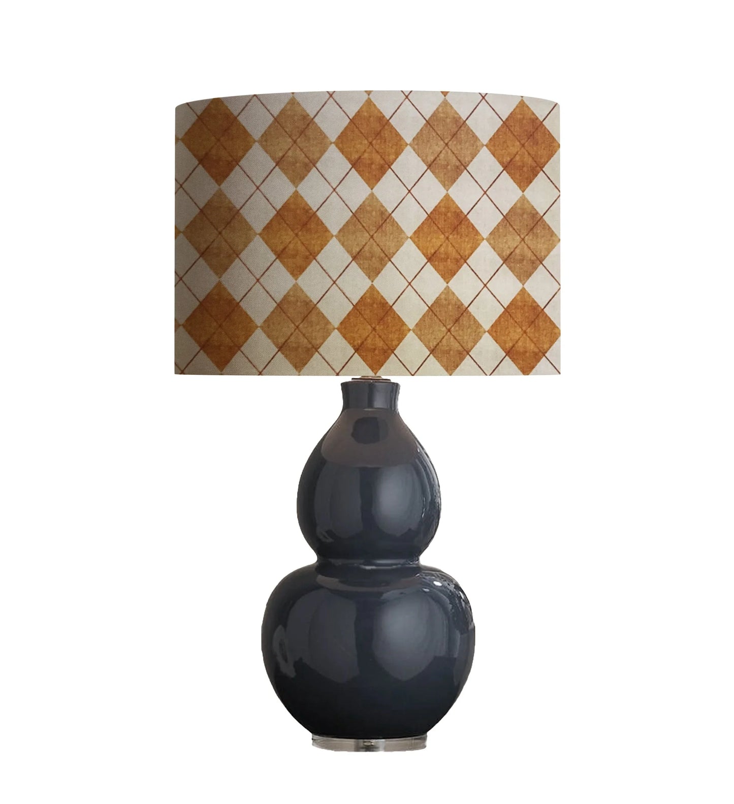 Black gourd-style table lamp with brown and cream argyle pattern lampshade