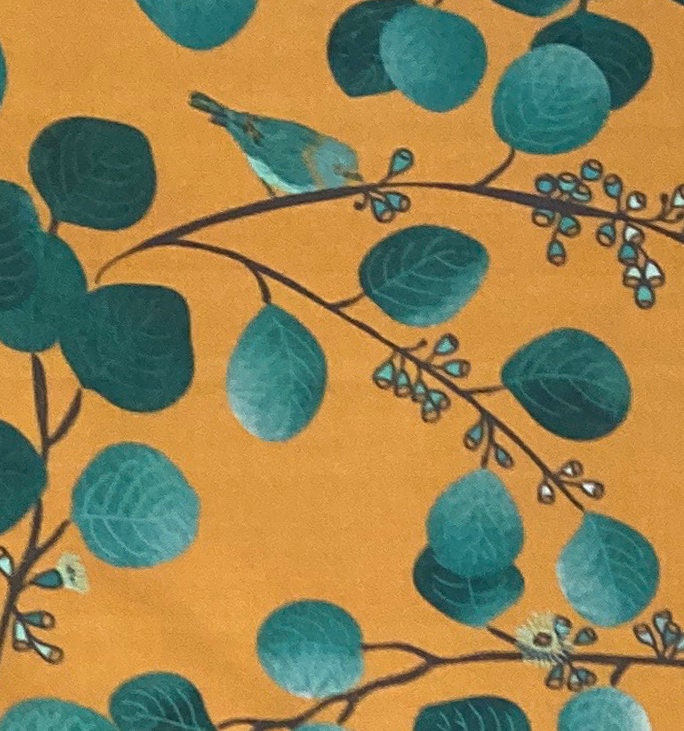 Floral Drum Lampshade, Teal Leaves, Mustard Background, Boho Home Decor