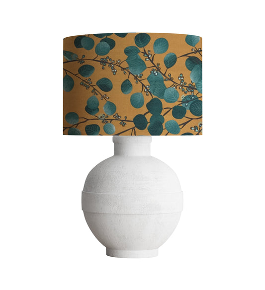 Floral Drum Lampshade, Teal Leaves, Mustard Background, Boho Home Decor