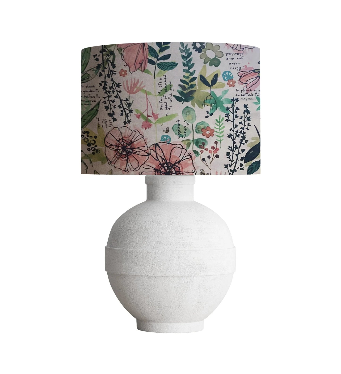 White ceramic table lamp with floral botanical shade, garden-themed decor for cozy home lighting