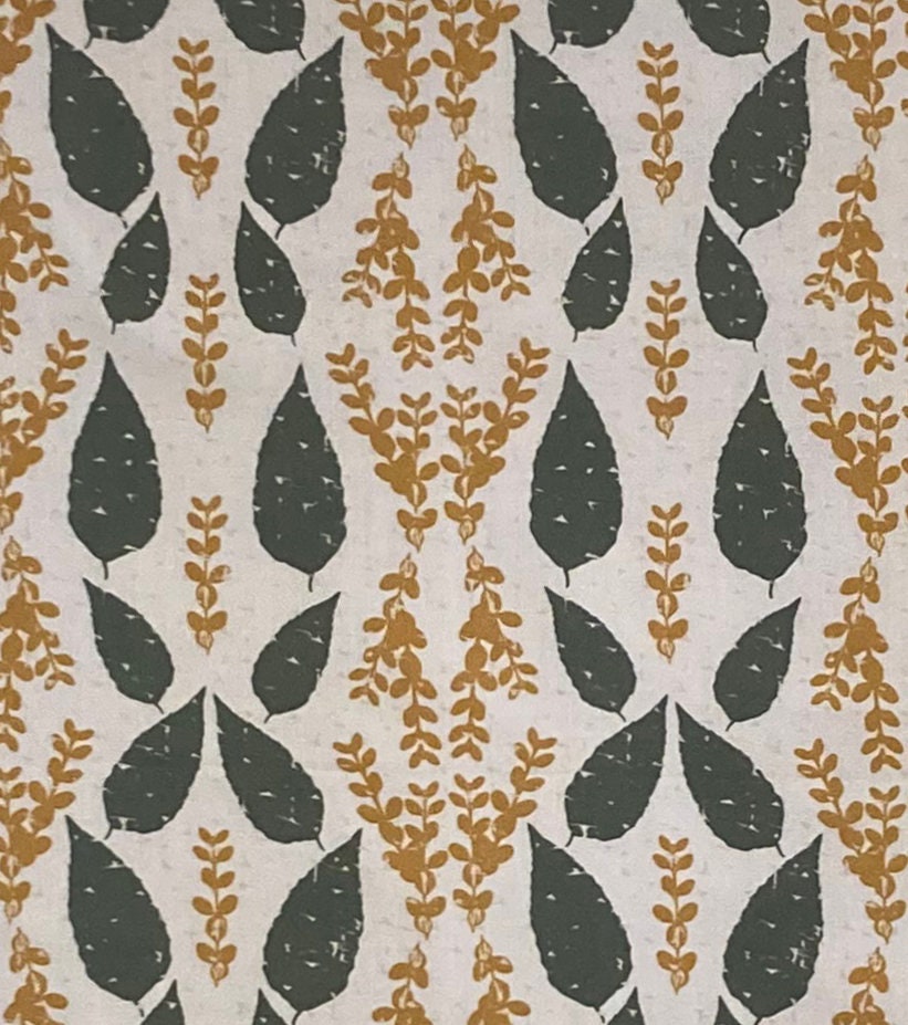 Botanical Print Drum Lampshade, Moss Green, Mustard Gold Leaves