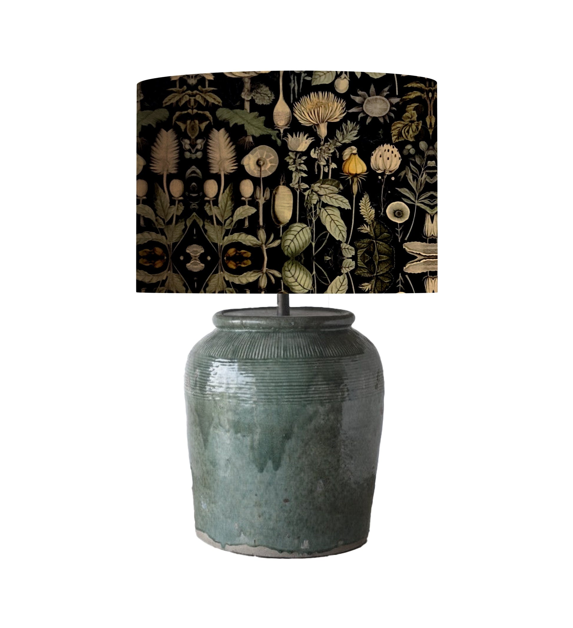 drum shade, lampshade, lamp shade, home decor, cottage, kitchen, botanical, vintage, farmhouse, green/black
