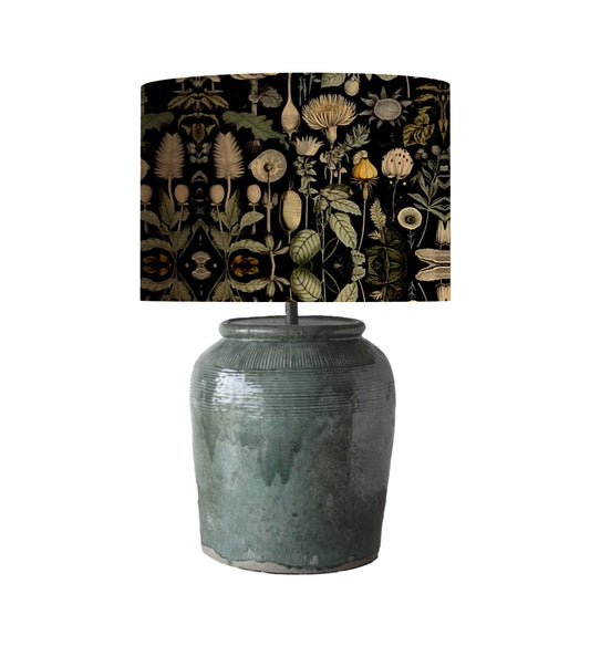 drum shade, lampshade, lamp shade, home decor, cottage, kitchen, botanical, vintage, farmhouse, green/black