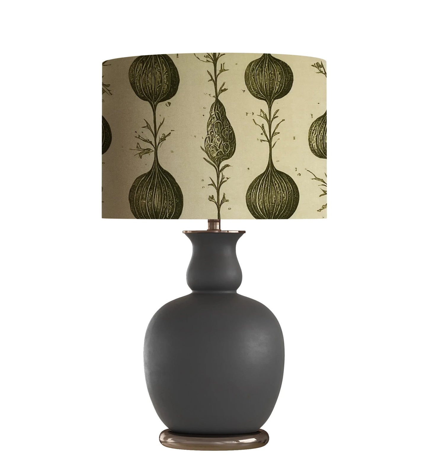 Dark gray ceramic table lamp with botanical print lampshade featuring vintage gourd illustrations