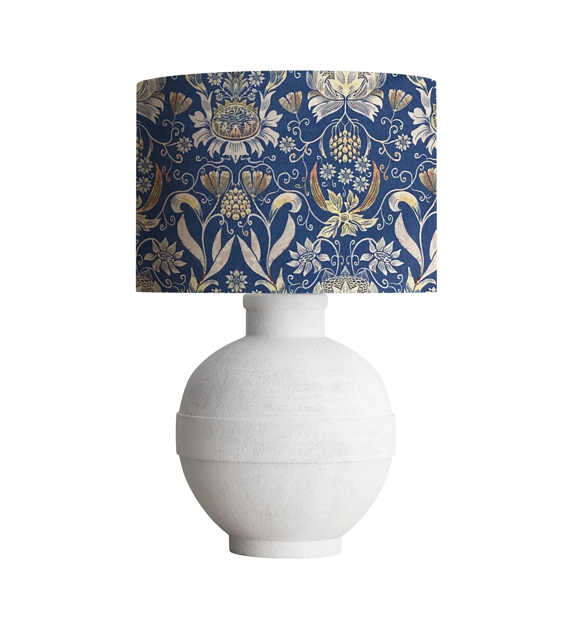 White ceramic table lamp with navy blue floral patterned lampshade, vintage-inspired home decor