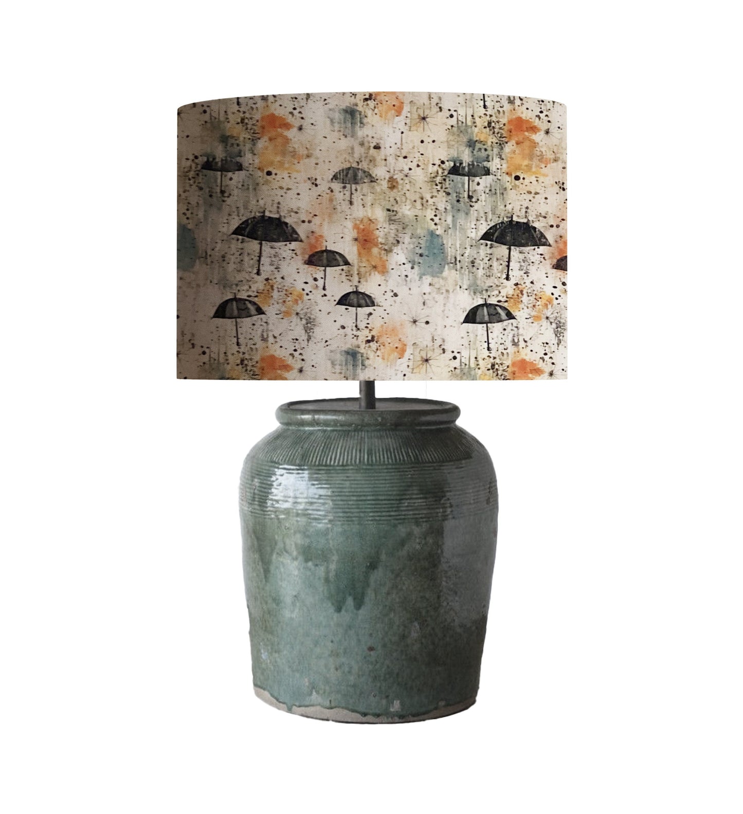 Rainy Day Fabric Drum Lampshade, Orange Teal Umbrellas
