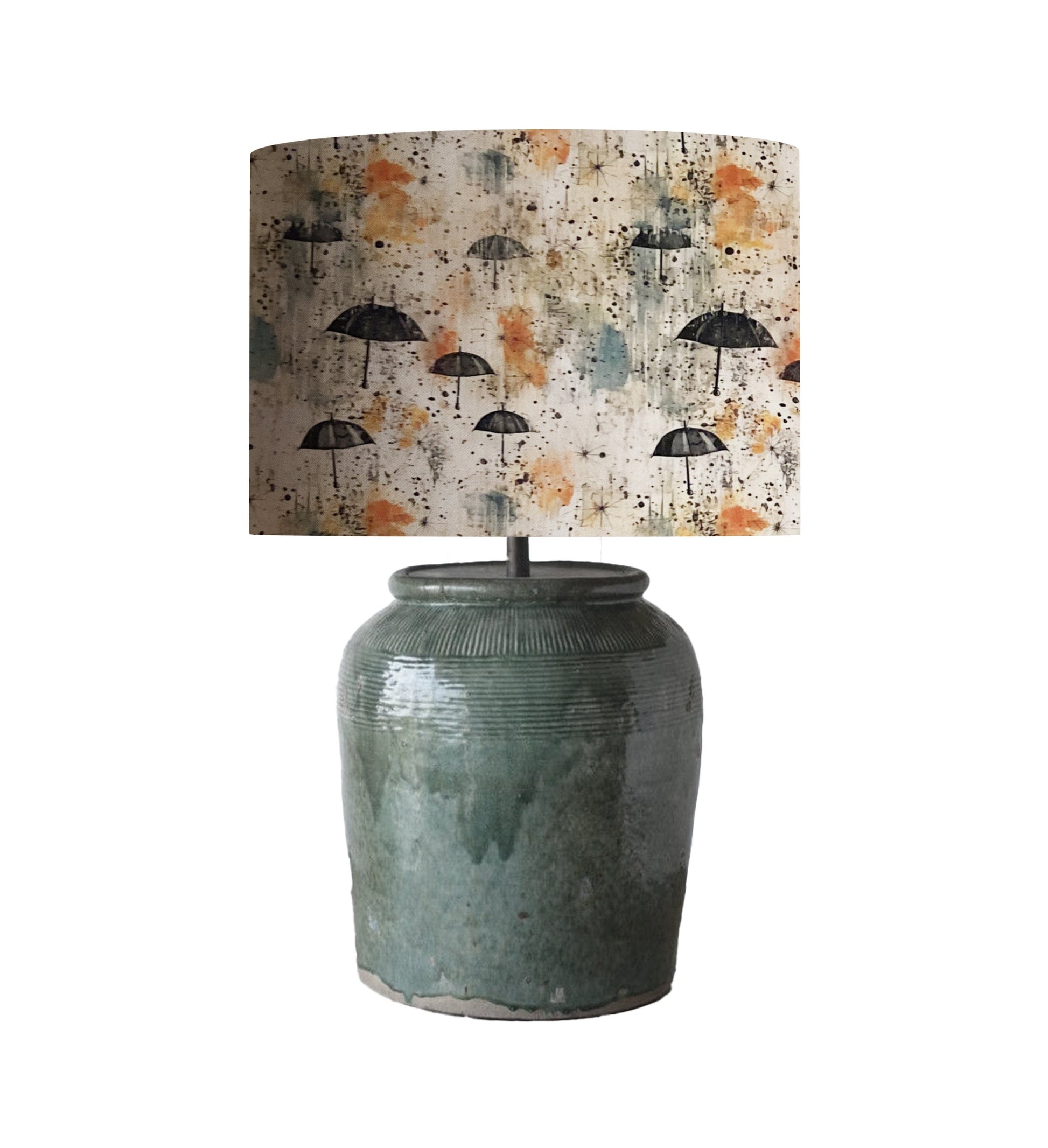 Rainy Day Fabric Drum Lampshade, Orange Teal Umbrellas