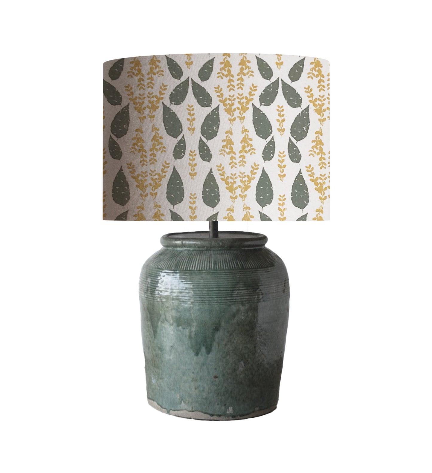 Botanical Print Drum Lampshade, Moss Green, Mustard Gold Leaves