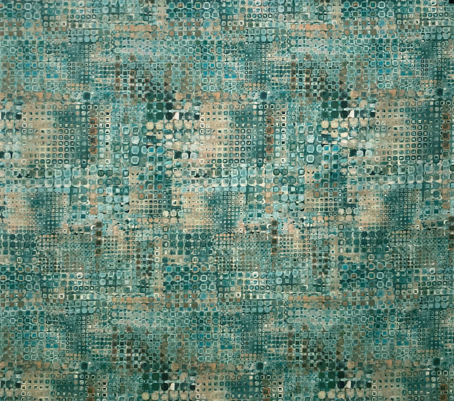 Teal and beige abstract geometric patterned area rug with pixelated design for modern home decor
