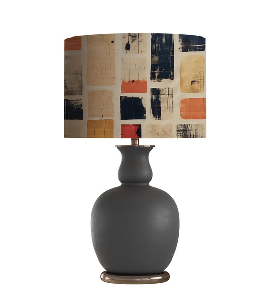 Modern Block Print Drum Lampshade, Multicolor Tiles, Orange Black Yellow