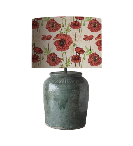 drum shade, lampshade, lamp shade, home decor, red poppies on a creamy background