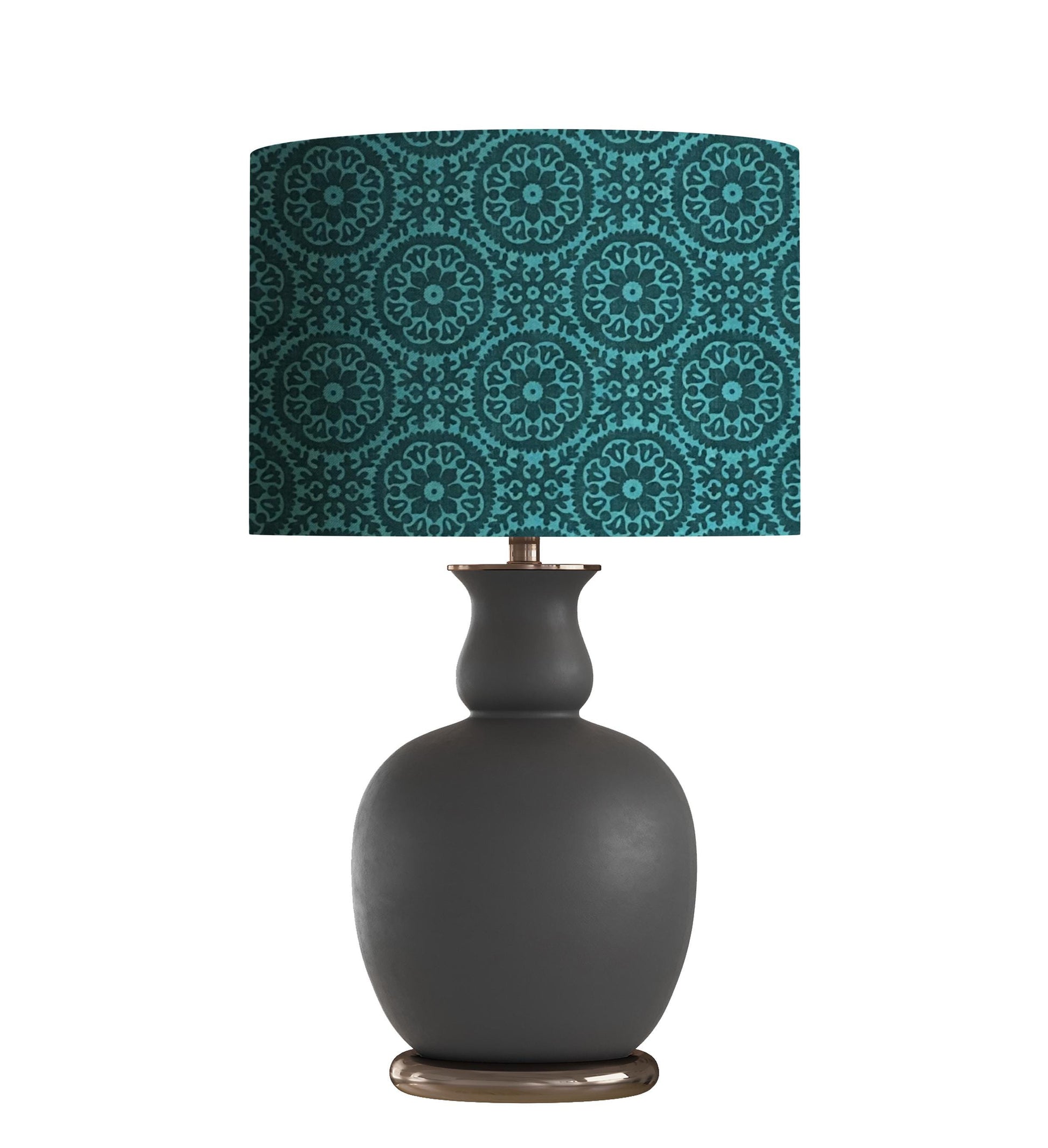 Teal Medallion Tile Drum Lampshade, Bohemian Folk Art