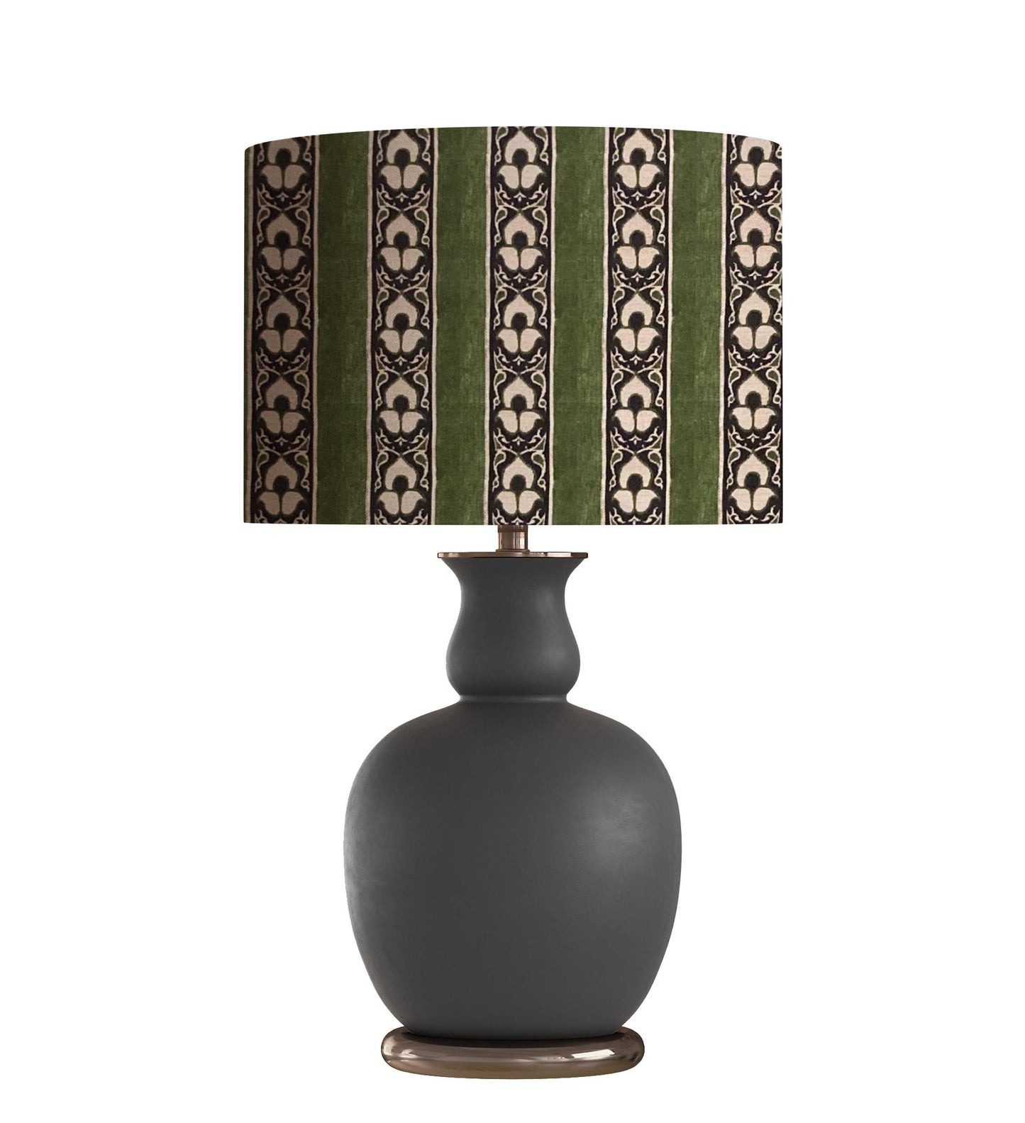 Textured Drum Lampshade, Historic Reproduction Fabric, Green Black Ivory Stripe