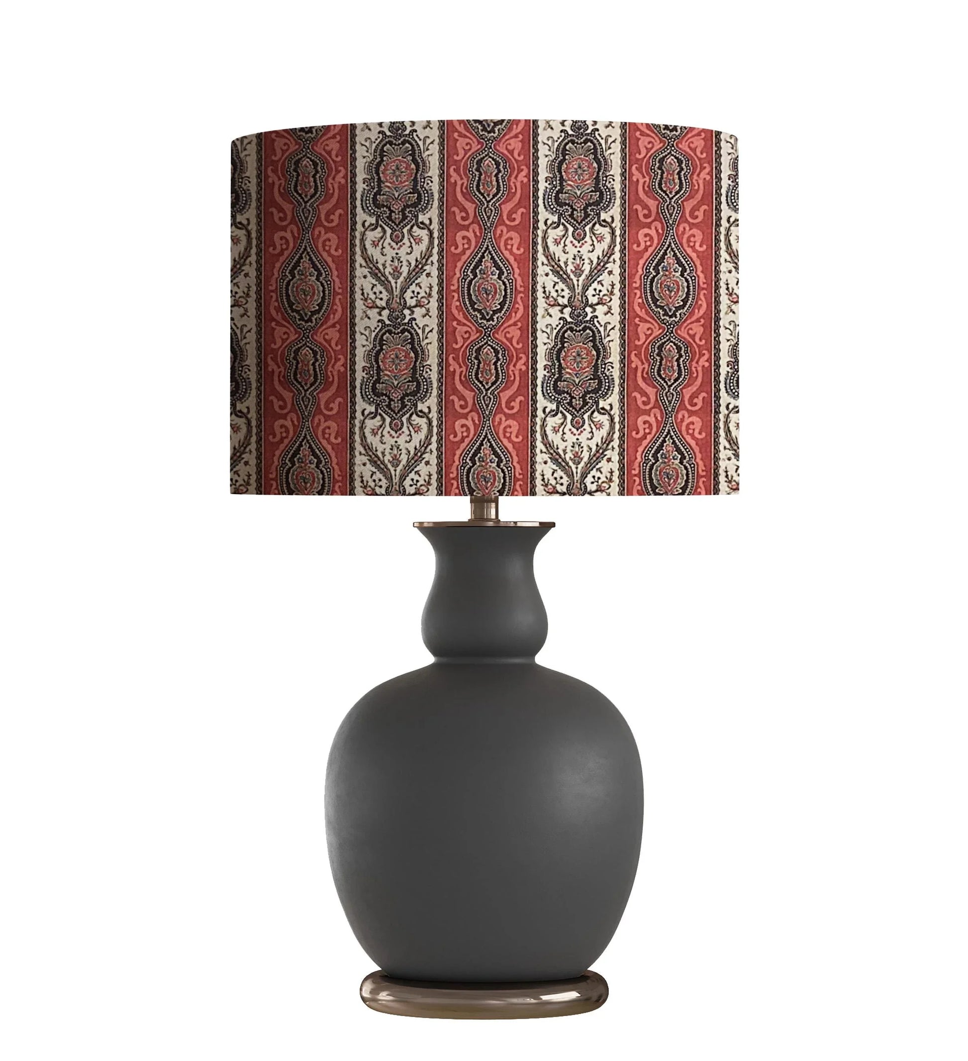 Dark gray ceramic table lamp with ornate red and cream patterned lampshade, ideal for living room decor