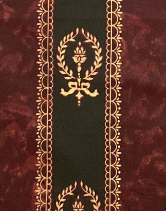 Luxury velvet curtain panel with gold laurel wreath and ornate border detailing