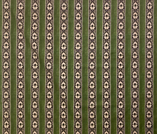 Green velvet fabric with black and cream floral stripe pattern for curtains or upholstery