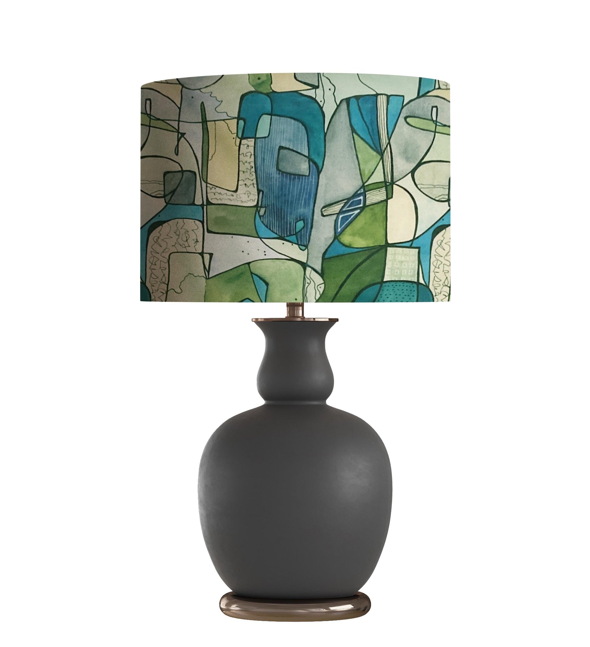 Mid Century Modern Drum Lampshade, Abstract Watercolor, Blue and Green