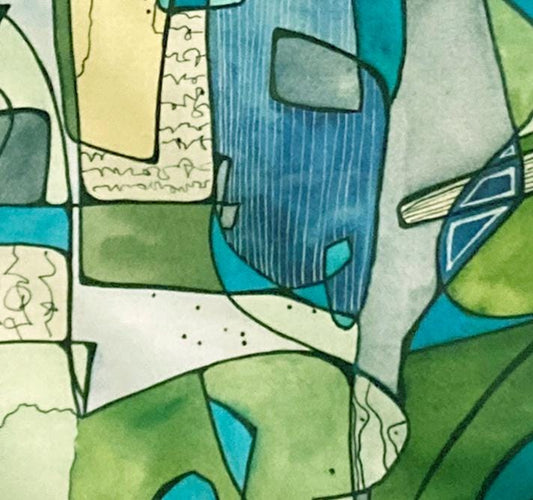Mid Century Modern Drum Lampshade, Abstract Watercolor, Blue and Green