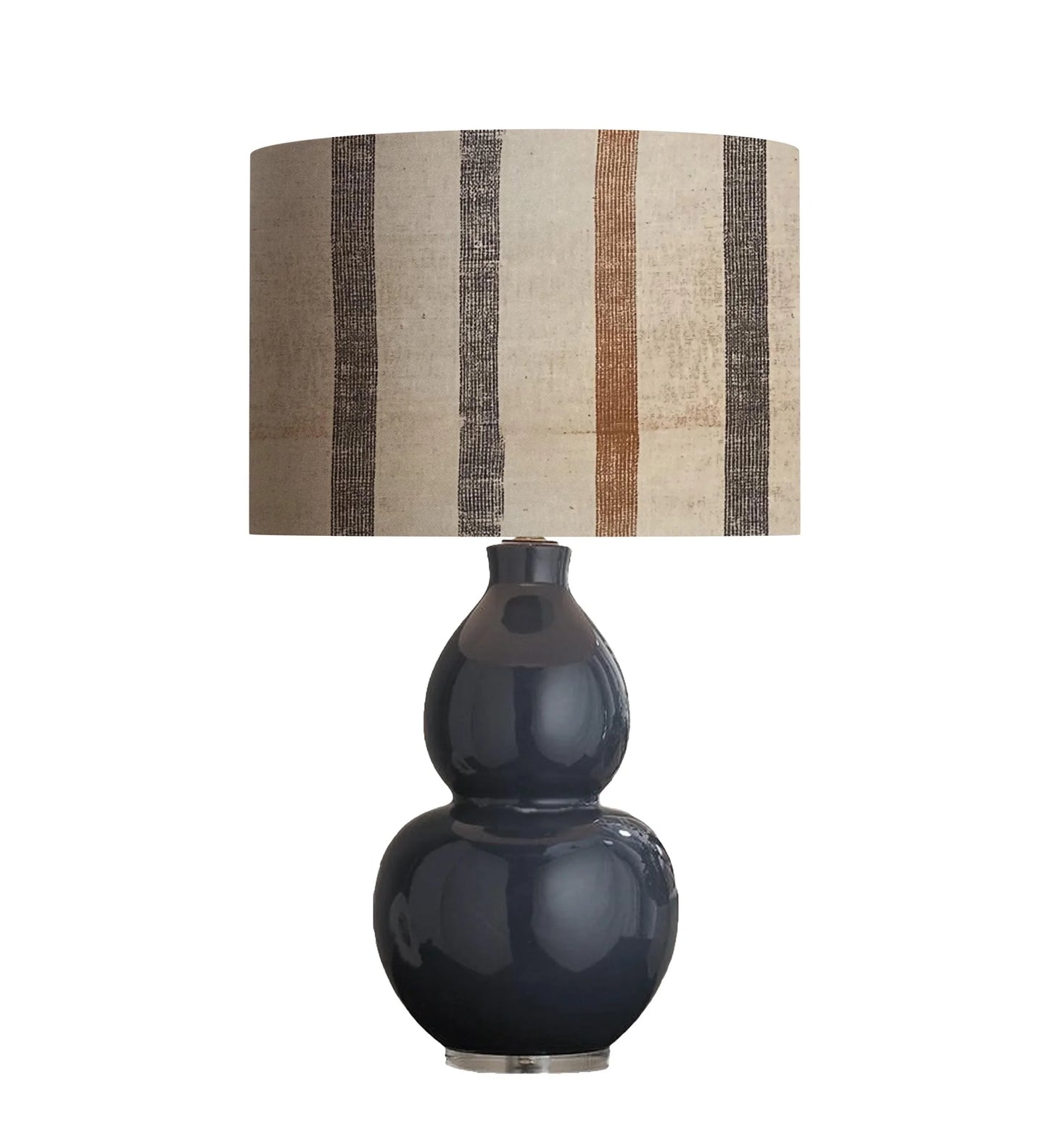 Black gourd-style table lamp with striped beige lampshade, modern home decor lighting