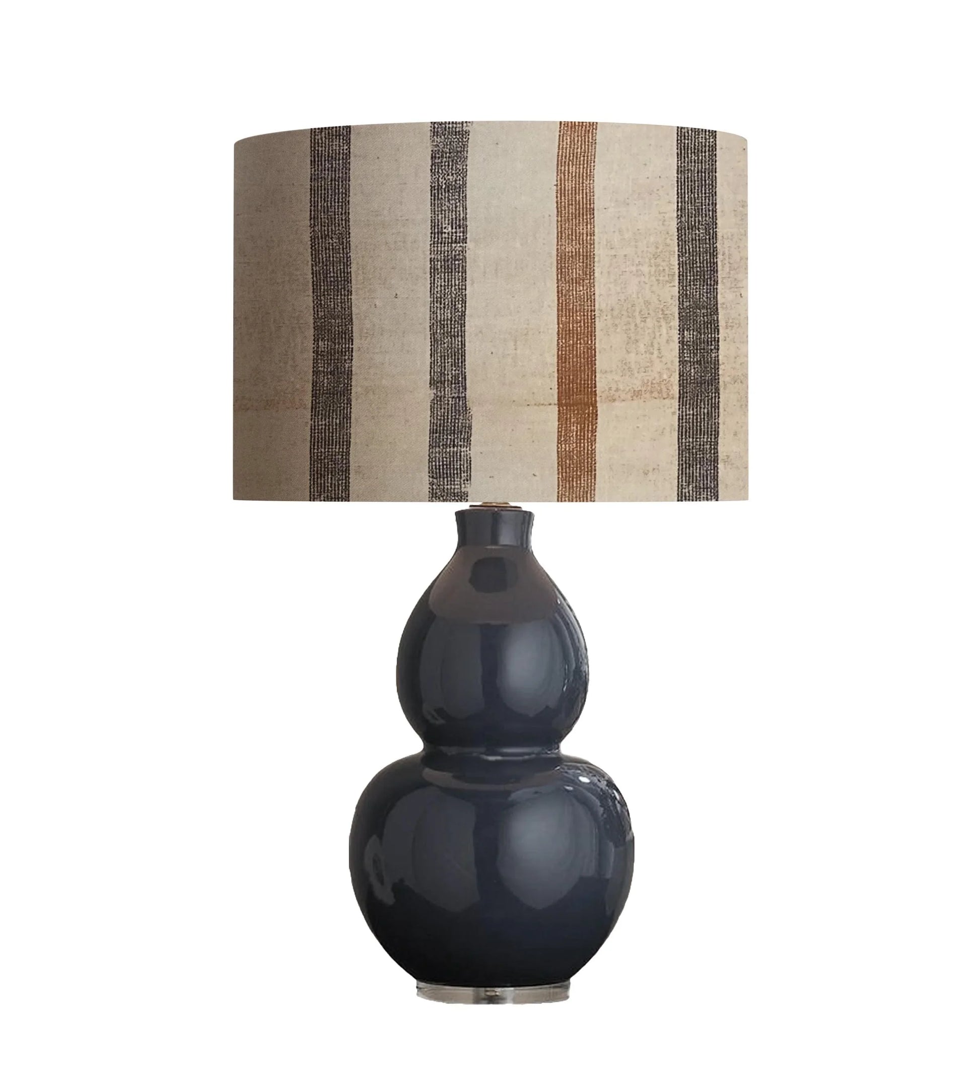 Black gourd-style table lamp with striped beige lampshade, modern home decor lighting