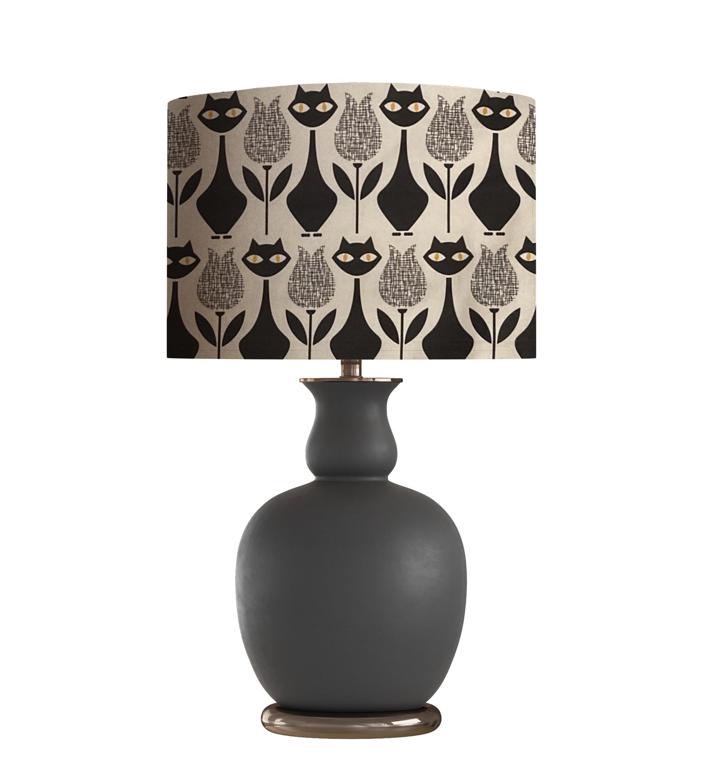 drum shade, lampshade, lamp shade, home decor, custom fabric, black, white, whimsical, cats, tulips