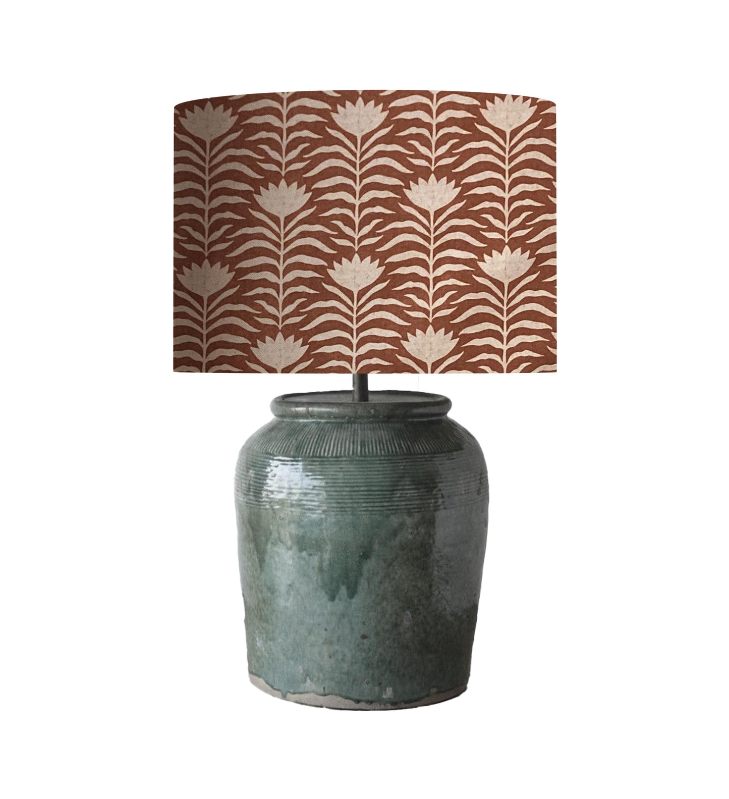 drum shade, lampshade, lamp shade, home decor, rust, cream, flowers, boho, bohemian, cinnamon, textured, botanical, earth tone, hand drawn