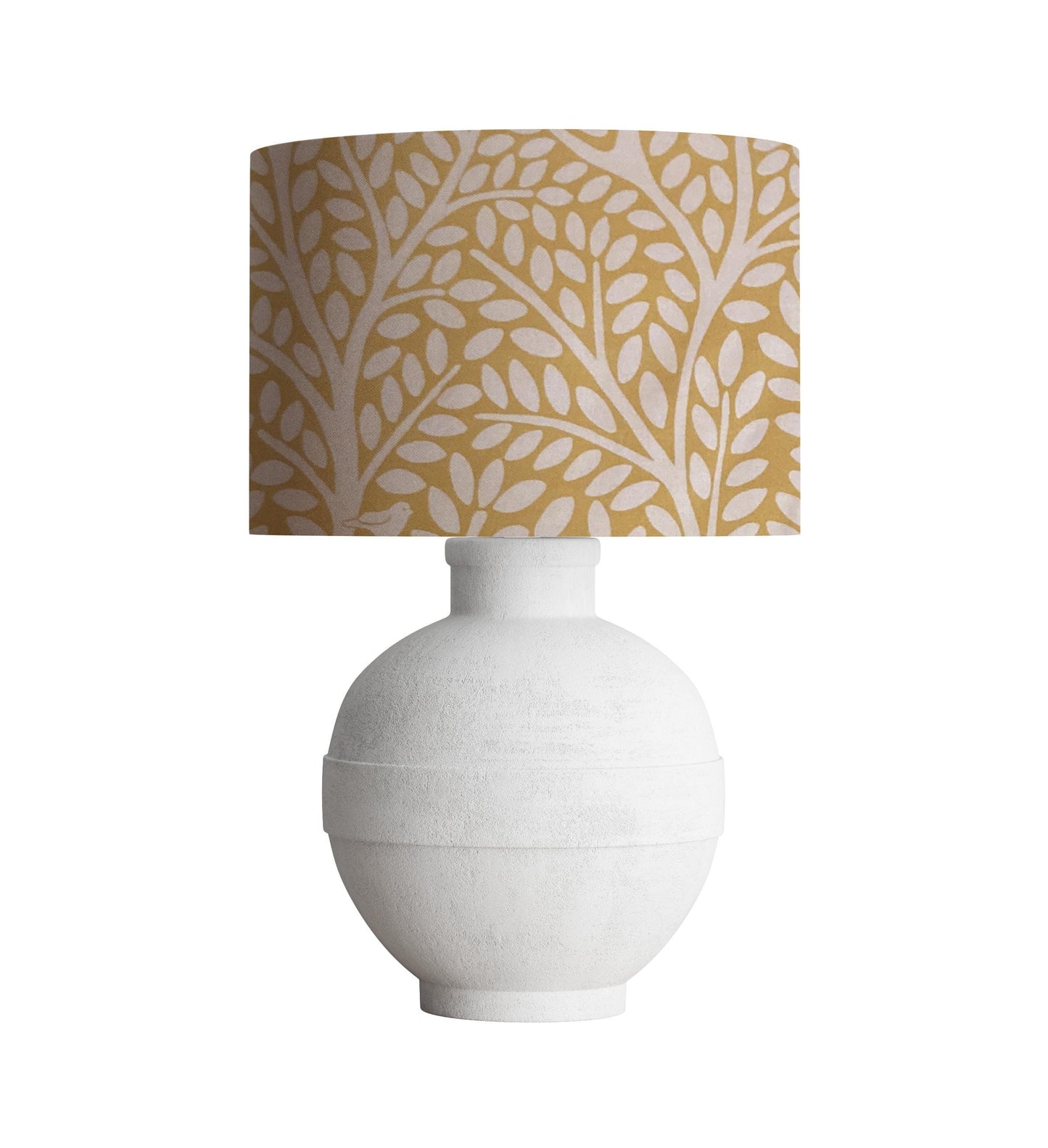 drum shade, lampshade, lamp shade, home decor, large print birds and trees, mustard yellow and white, hand drawn