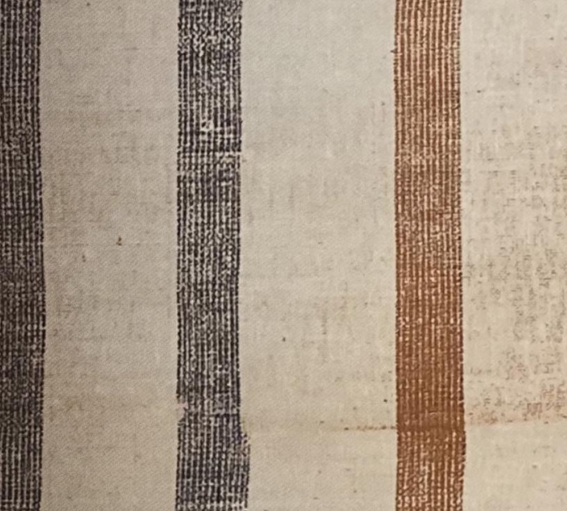Striped fabric swatch with black, beige, and rust vertical stripes for window shades