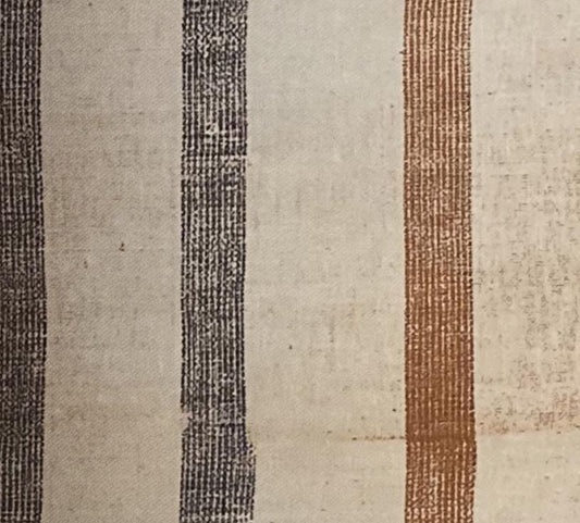 Striped fabric swatch with black, beige, and rust vertical stripes for window shades