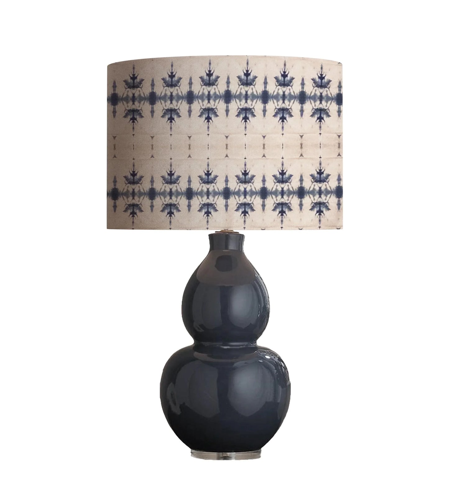 Black ceramic gourd table lamp with blue ikat pattern shade, modern boho home decor lighting