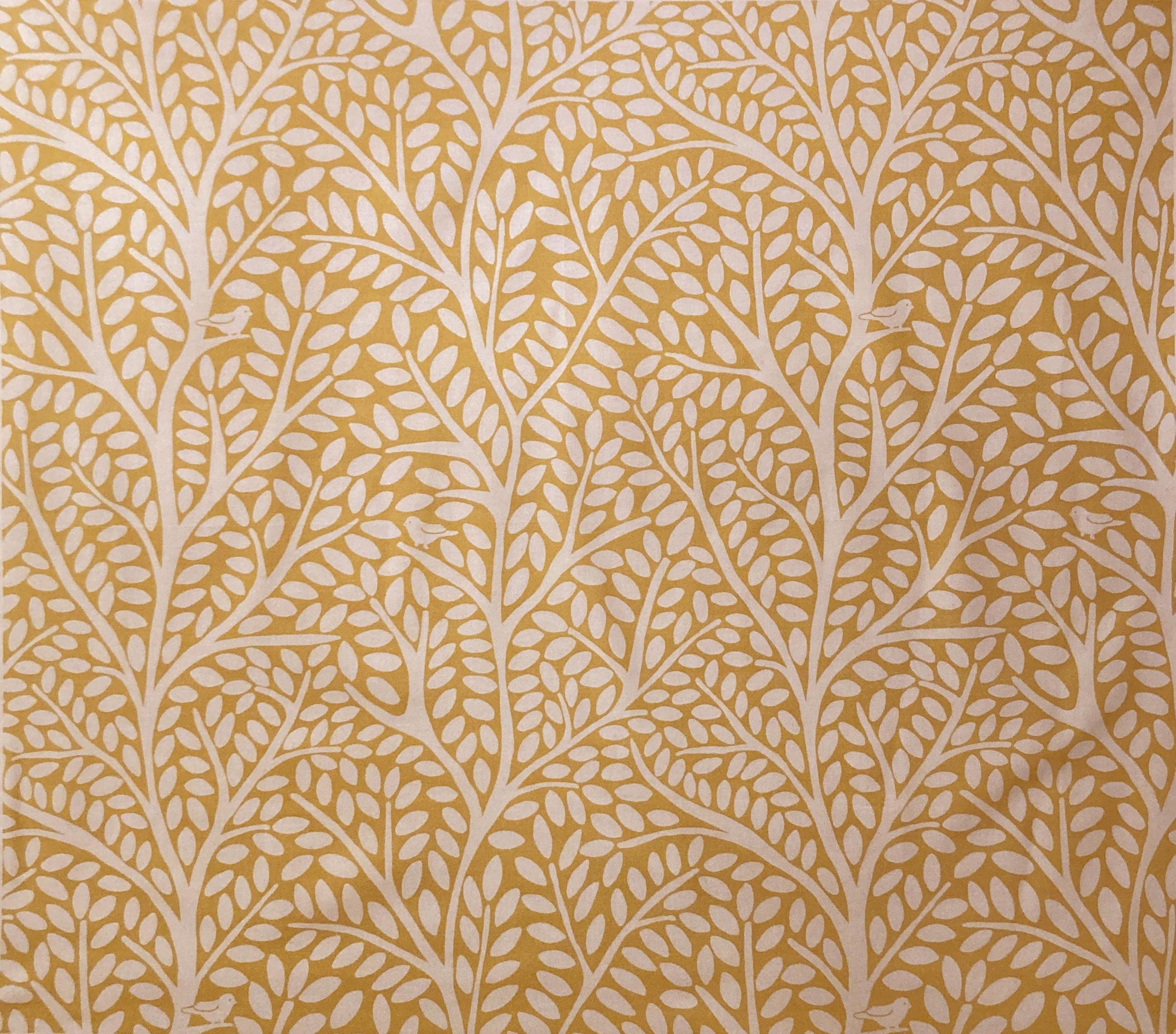 drum shade, lampshade, lamp shade, home decor, large print birds and trees, mustard yellow and white, hand drawn