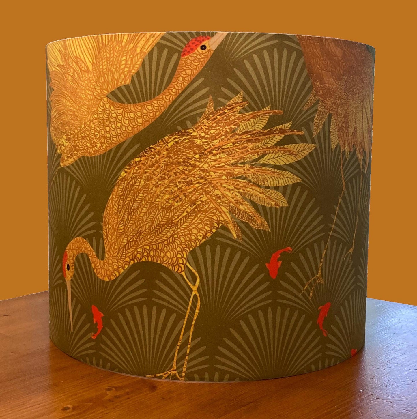 Art Deco Lampshade, Golden Japanese Cranes, Sage Green Drum Shade (14 X 16)