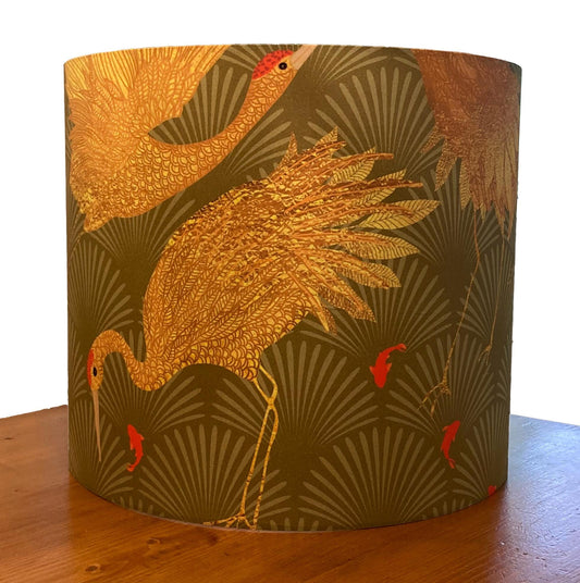 Art Deco Lampshade, Golden Japanese Cranes, Sage Green Drum Shade (14 X 16)